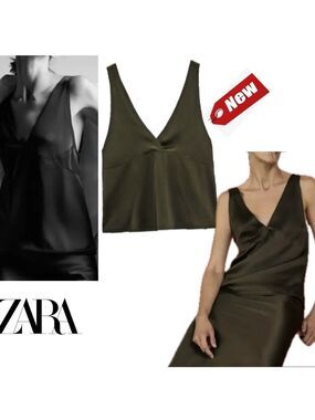 Zara khaki olive green satin effect V-neck sleeveless camisole tank top S NWT